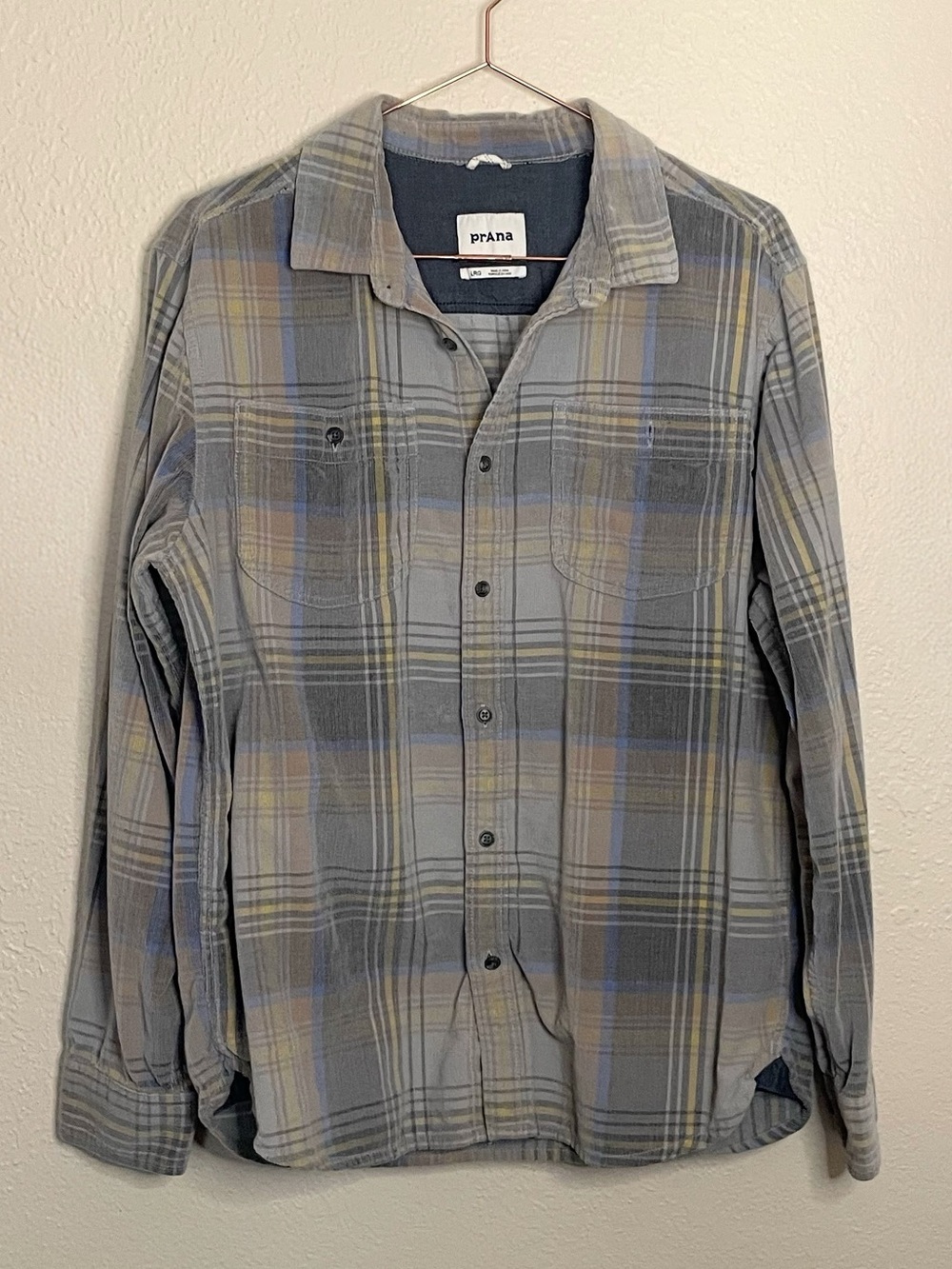 prAna Dooley Men’s L Organic Cotton Corduroy Plaid Button Down Shirt